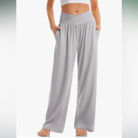 NWT SUNYAA light gray,wide leg,VCross high waist tummy control Yoga pant size L. - Picture 3 of 11